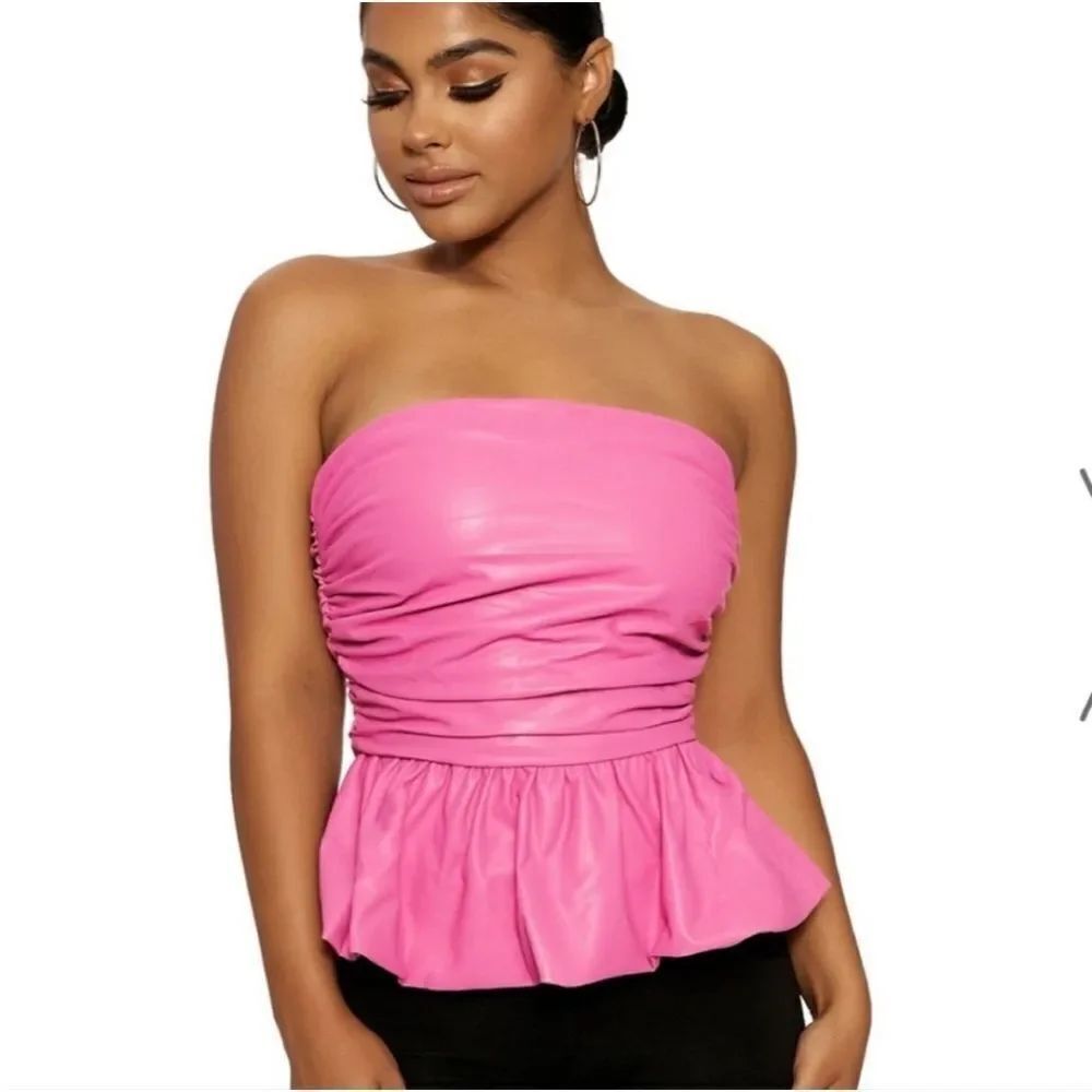 Revolve Naked Wardrobe Pink Strapless Peplum Faux Leather Top